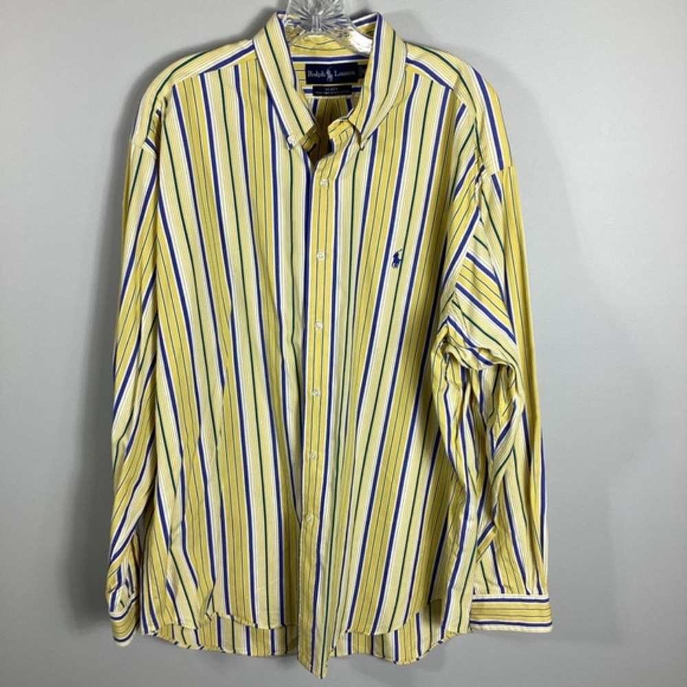 Vintage Ralph Lauren Mens Blake Shirt XL Blue Yellow Pinstriped Cotton Blue Pony